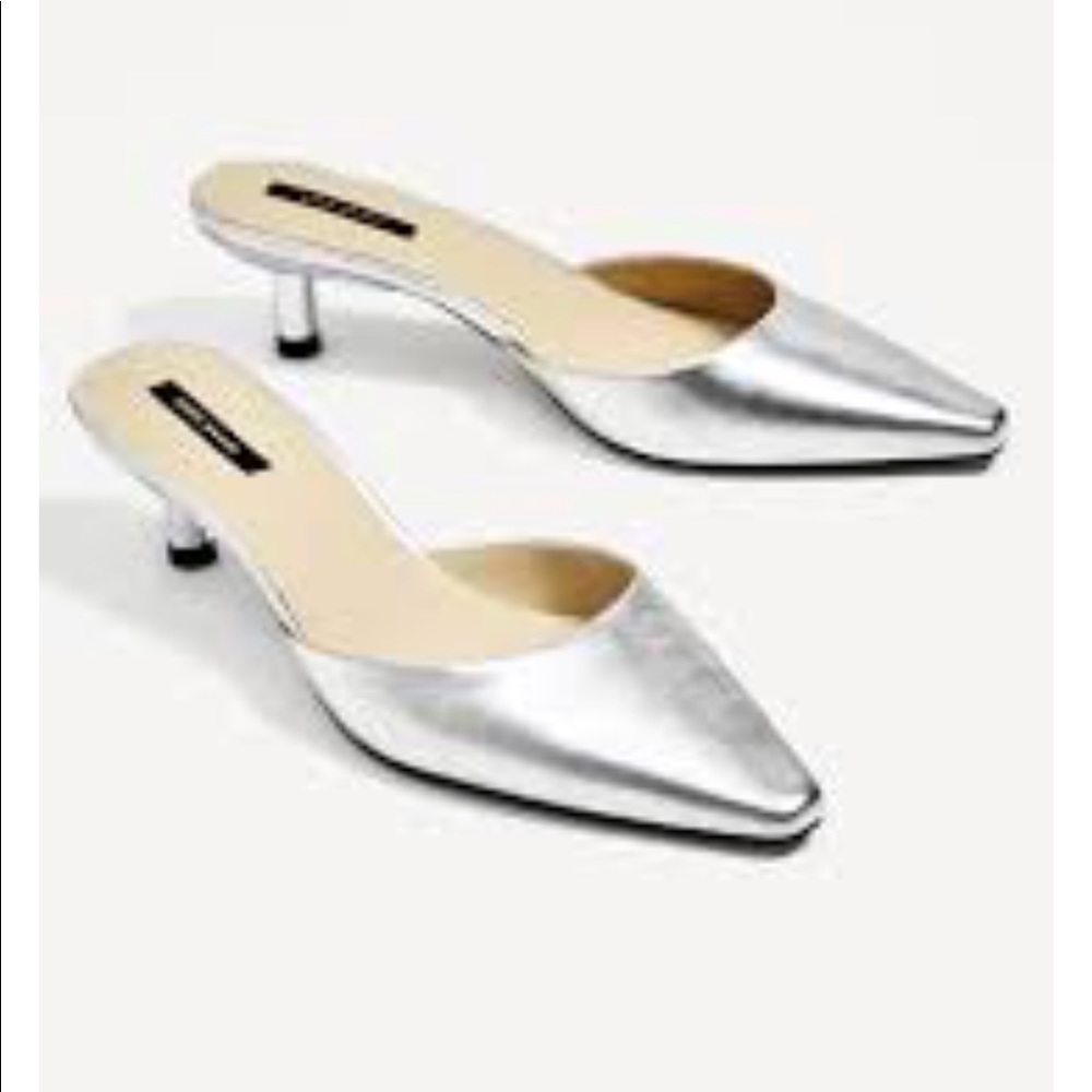 NWOT Zara Silver Metallic Slip On Mules Heels - Picture 3 of 6
